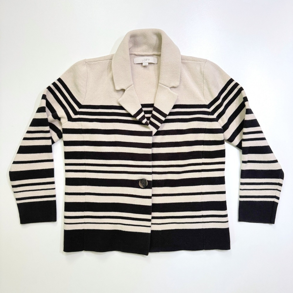 LOFT Cardigan Sweater Women Medium Cream Black Striped Blazer Style Button Front